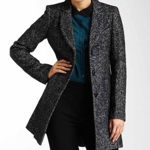 Kensie Black Tweed Faux Leather Trim Coat